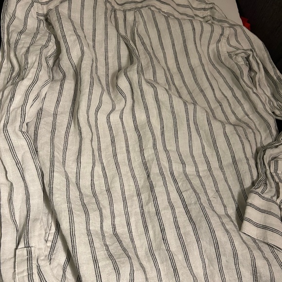 QUINCE XS European Linen Button Up Shirt Top Oatmeal Black Stripe Collar - Picture 9 of 9